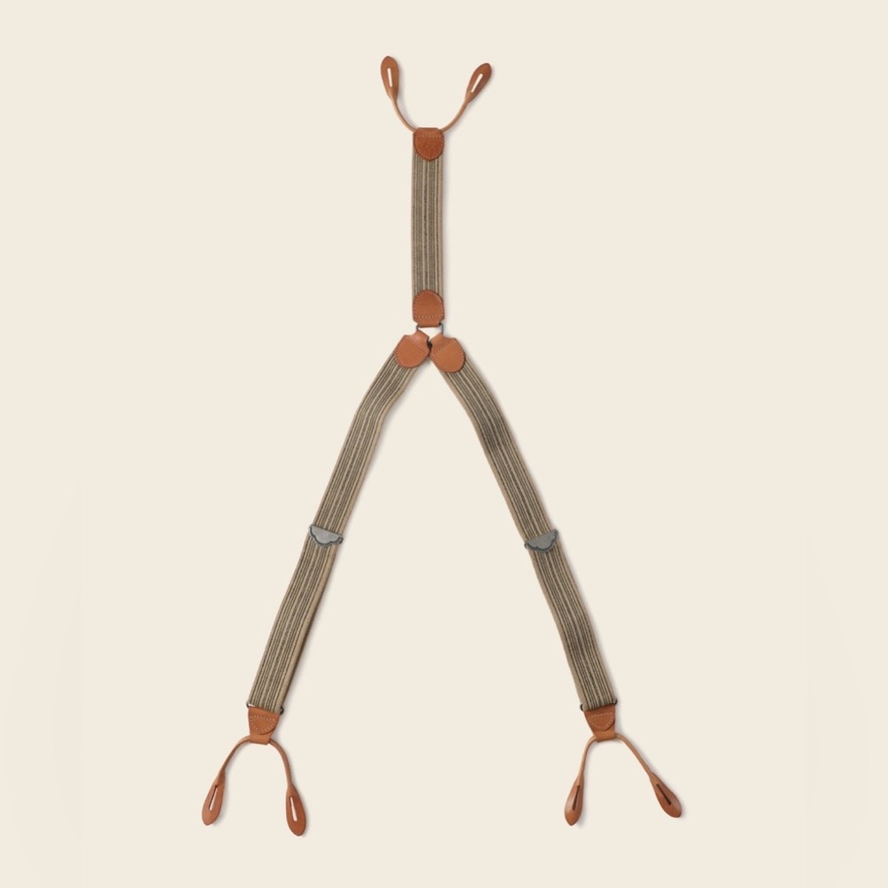Old-Time Y-Back Leather Button Suspender Khaki Stripe non RRL Vintage